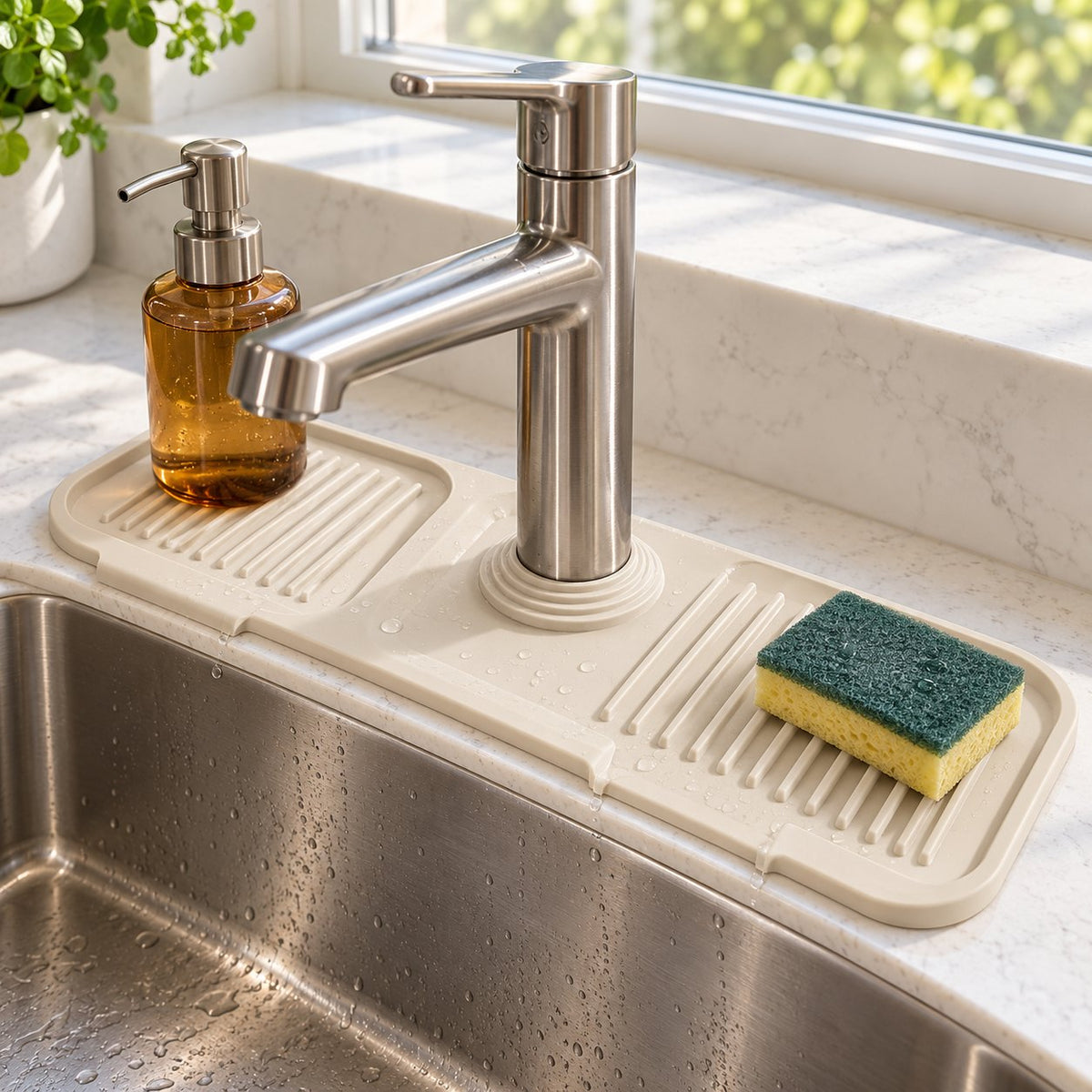 Faucet drain mat installed with its outlet facing the sink basin