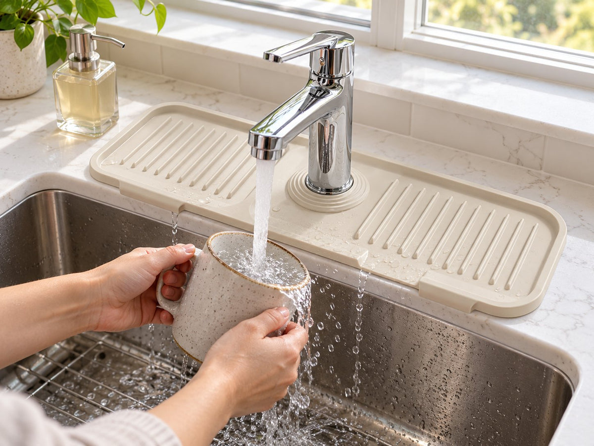 Faucet mat at a kitchen sink during everyday dishwashing