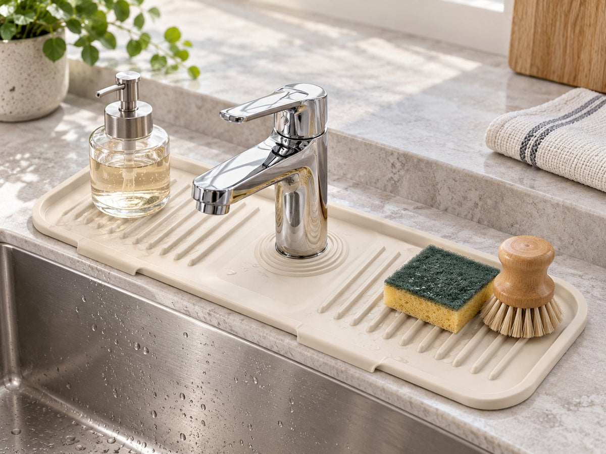 Small sink essentials resting on the faucet mat raised ribs
