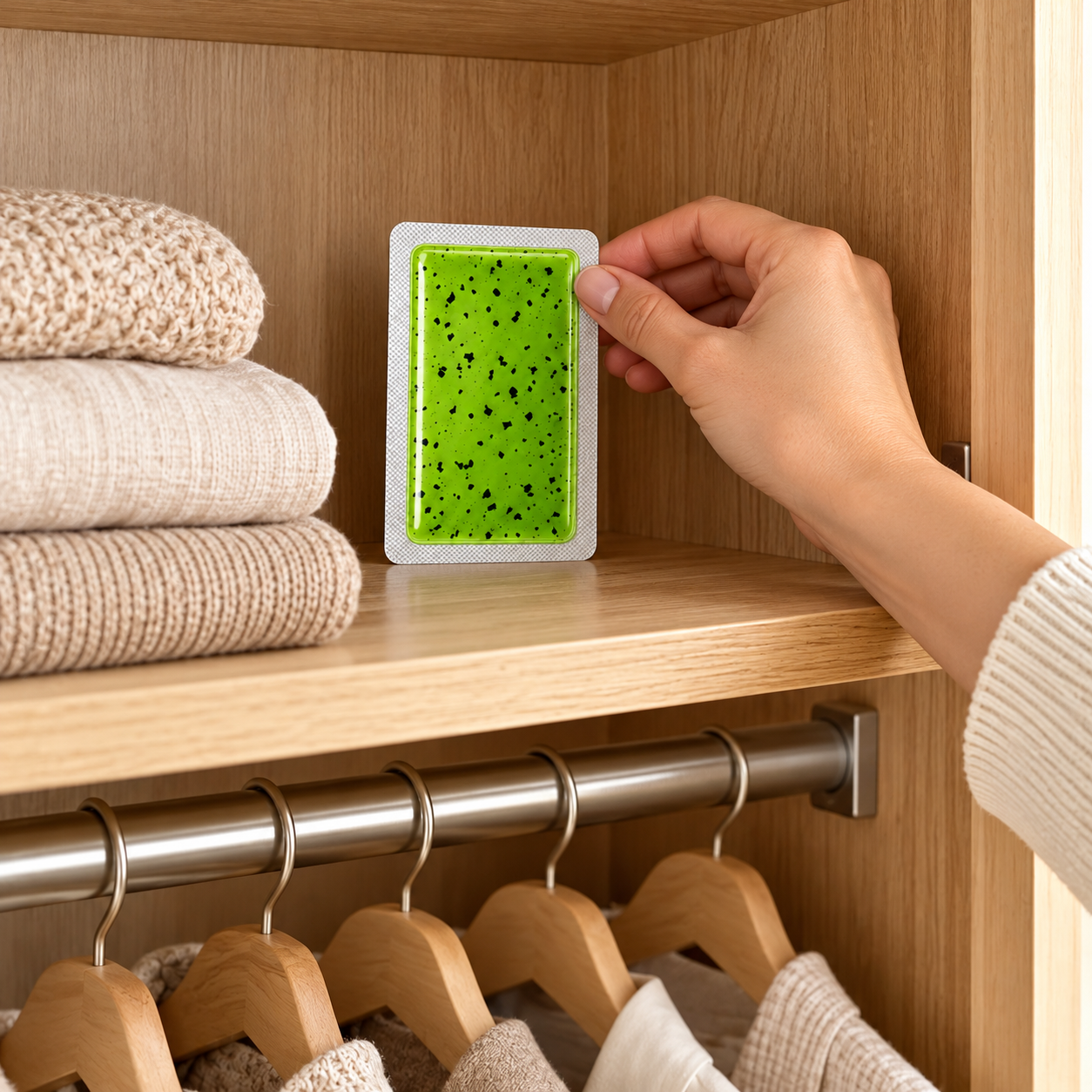 Adult hand positioning an intact home patch on a high wardrobe shelf