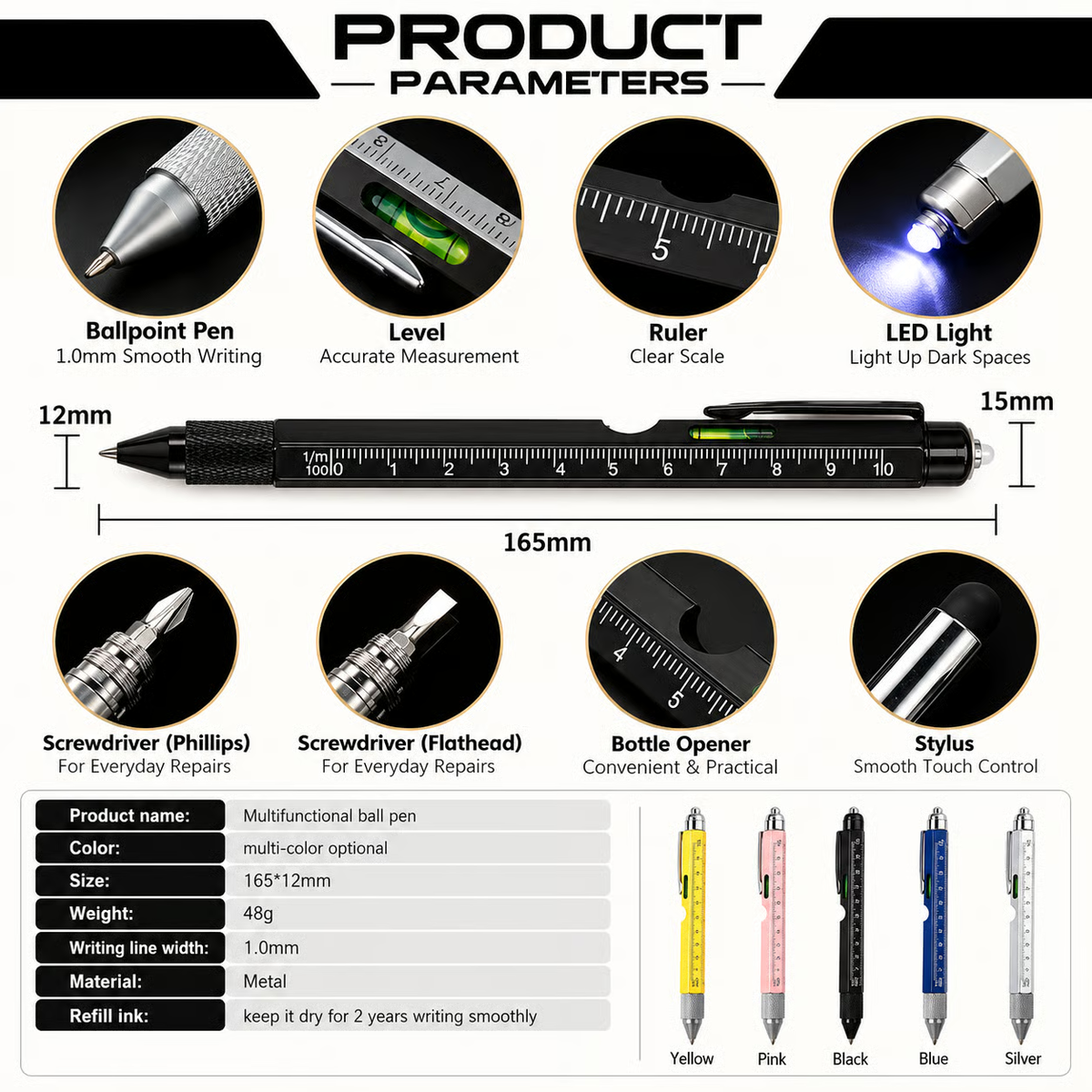 Original multitool pen parameter diagram showing function locations and dimensions