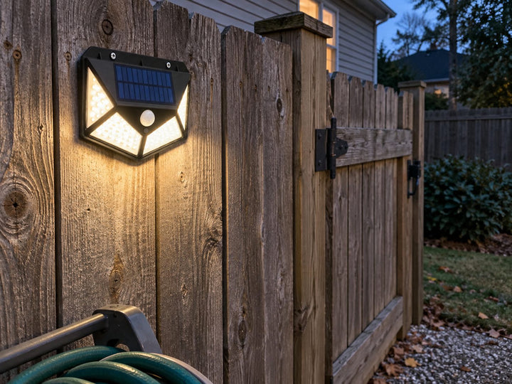 Solar light mounted on a wooden fence beside a side gate