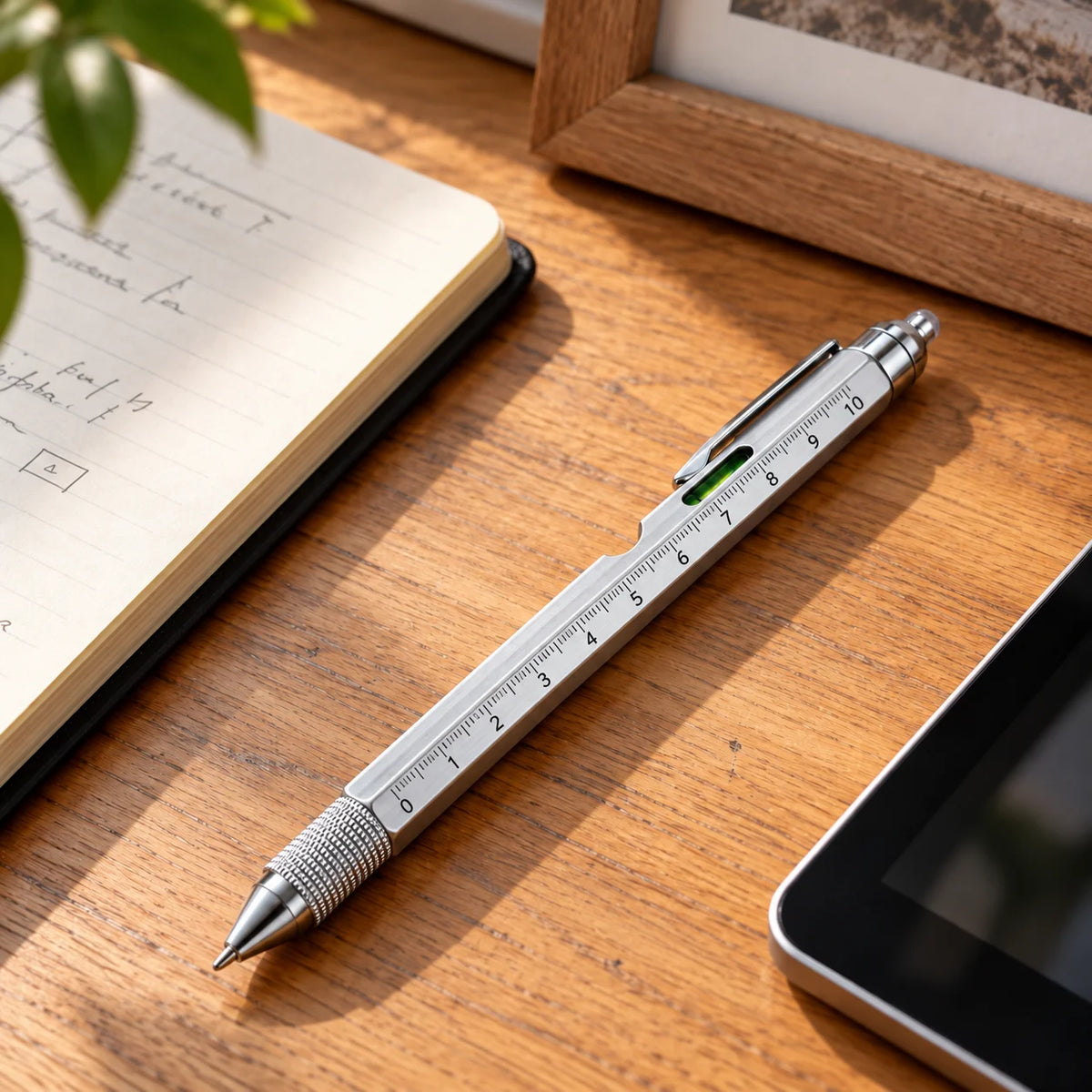 Metal multitool pen in an everyday desk setting