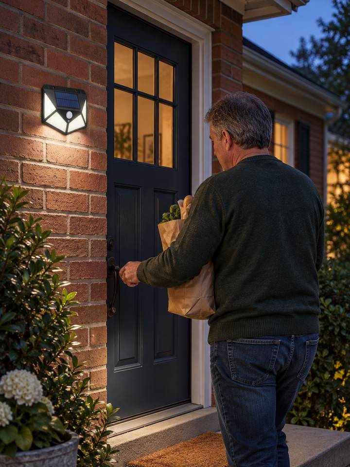 An adult arriving at the front door beside a solar wall light