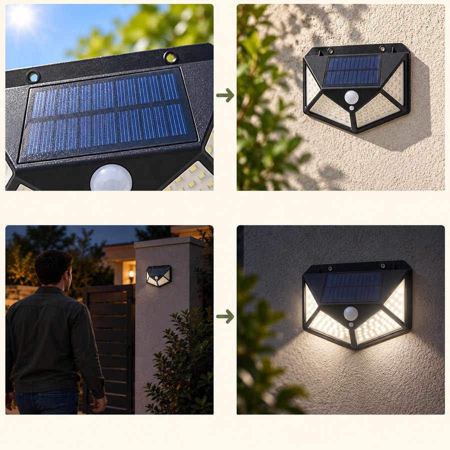 Illustrative stages showing sunlight on the panel and motion-activated lighting after dark