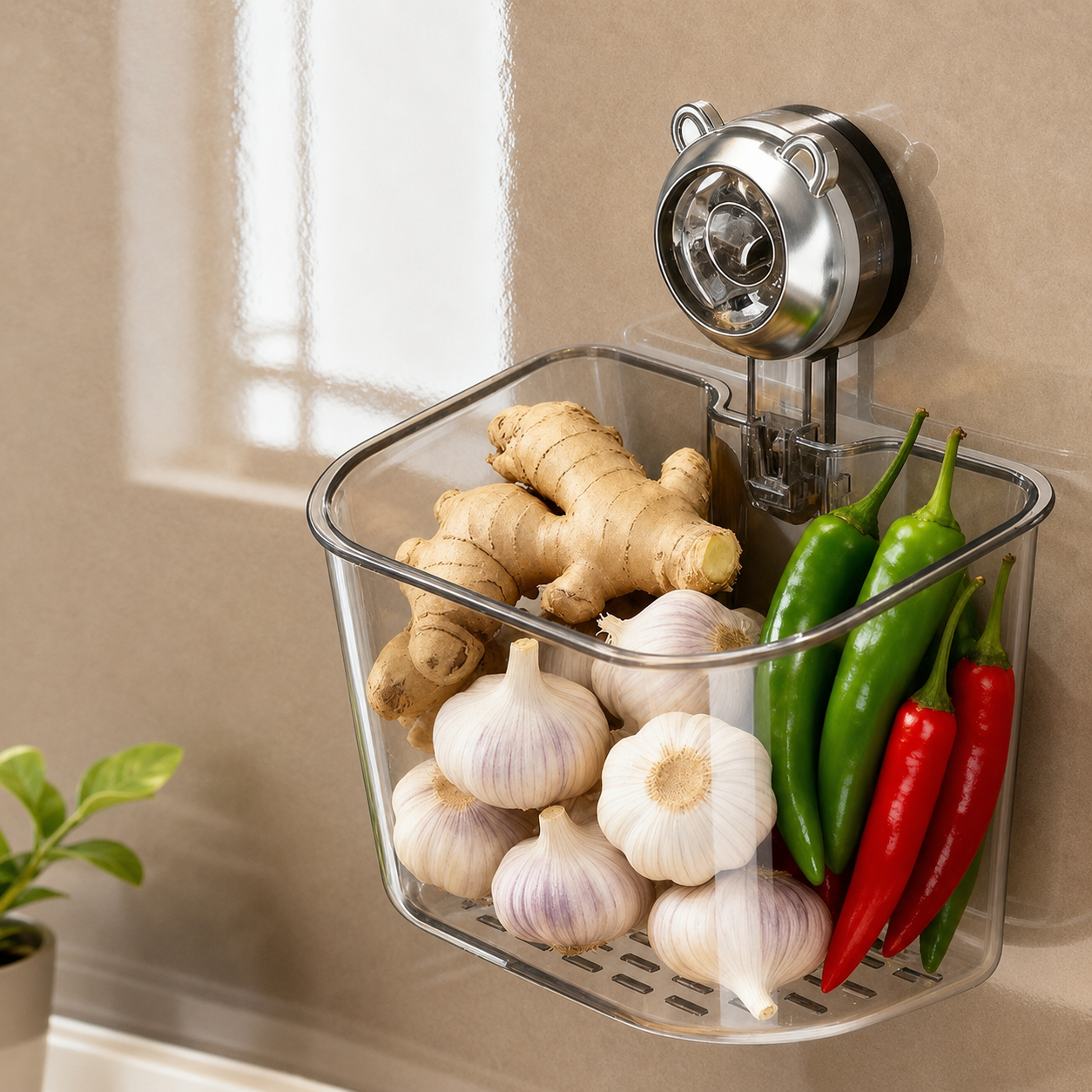 No-Drill Wall-Mounted Kitchen Storage Basket with Suction Cup, Transparent Drain Design & Stackable Multi-Layer Organizer