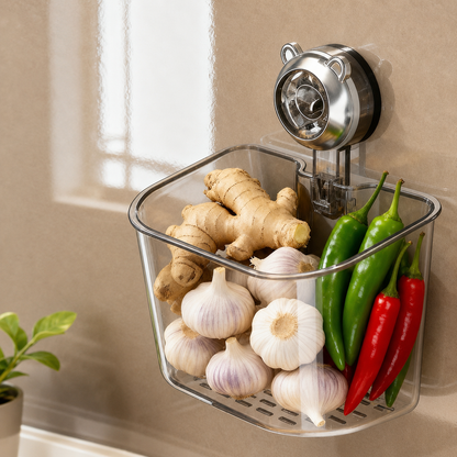 No-Drill Wall-Mounted Kitchen Storage Basket with Suction Cup, Transparent Drain Design & Stackable Multi-Layer Organizer