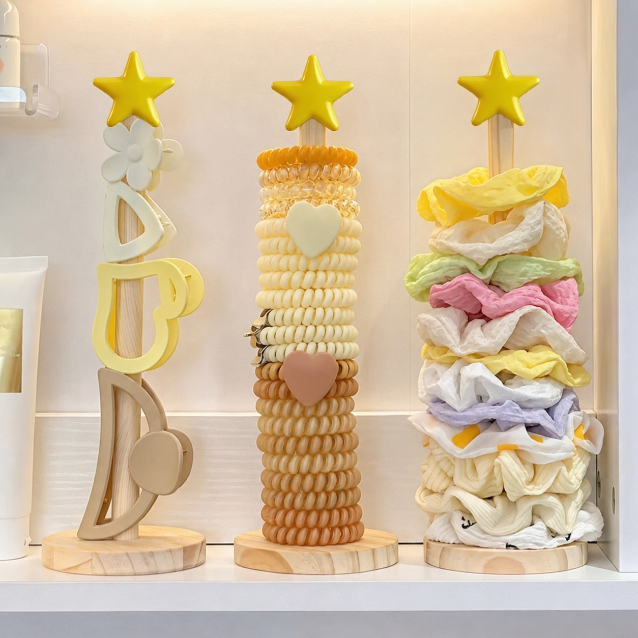 Star Hair Tie Organizer Display Stand with Wooden Base for Scrunchies, Hair Elastics, Bracelets & Accessories