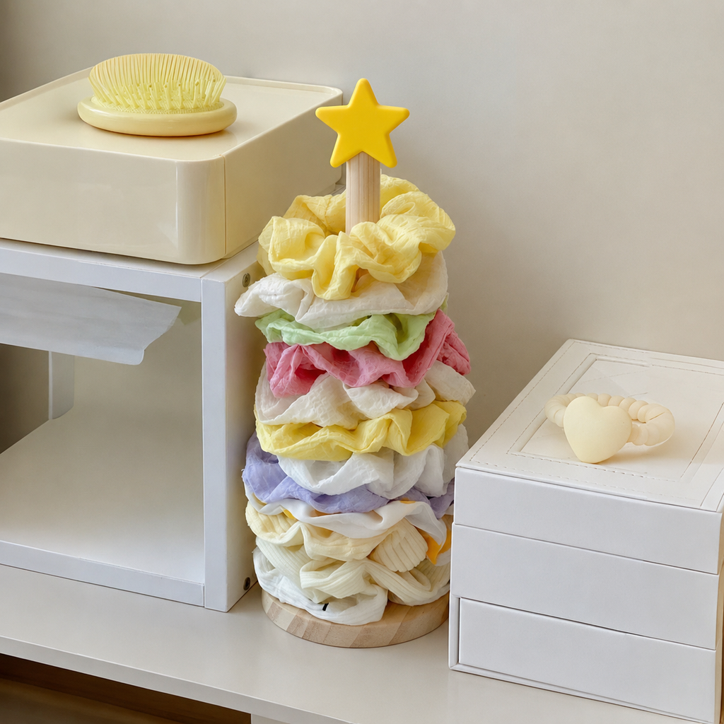 Star Hair Tie Organizer Display Stand with Wooden Base for Scrunchies, Hair Elastics, Bracelets & Accessories