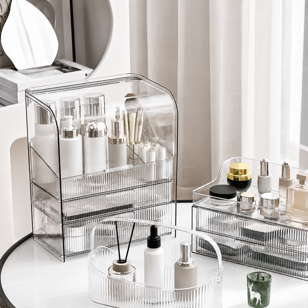 Luxury Ripple-Texture Transparent PET Makeup Organizer with 4-Compartment Desktop Storage