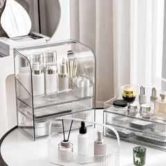 Luxury Ripple-Texture Transparent PET Makeup Organizer with 4-Compartment Desktop Storage