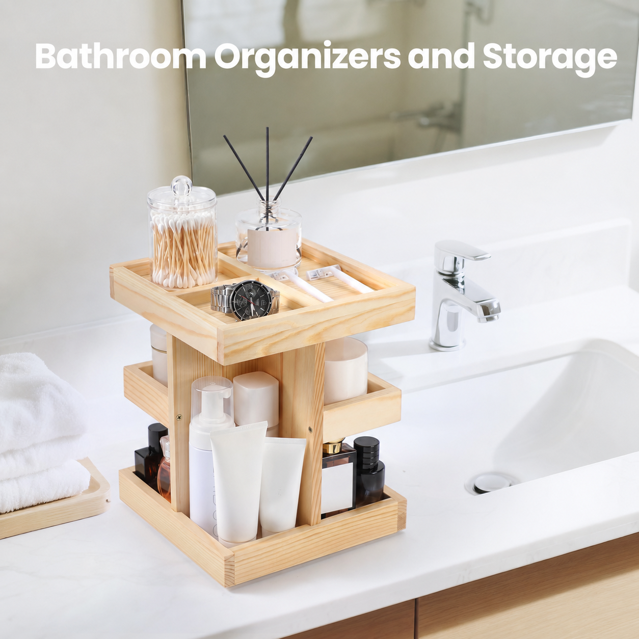 Wooden 3-Tier Rotating Skincare & Makeup Organizer for Perfume, Essential Oils, Jewelry, Bathroom Counter, Vanity & Desk Storage