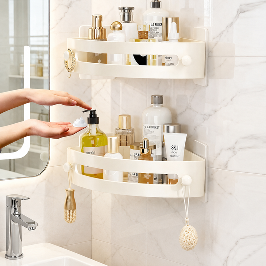 No-Drill Corner Shower Shelf Organizer with Adhesive Mount, Drainage Design & Hanging Hooks