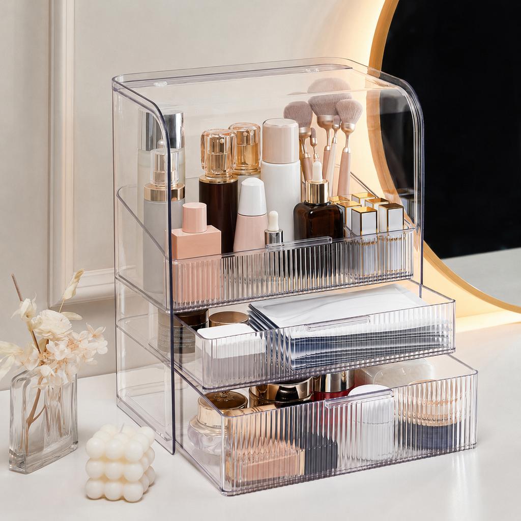 Luxury Ripple-Texture Transparent PET Makeup Organizer with 4-Compartment Desktop Storage