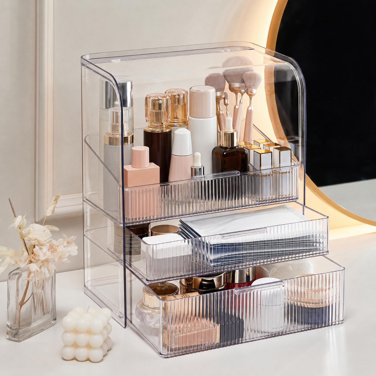 Luxury Ripple-Texture Transparent PET Makeup Organizer with 4-Compartment Desktop Storage
