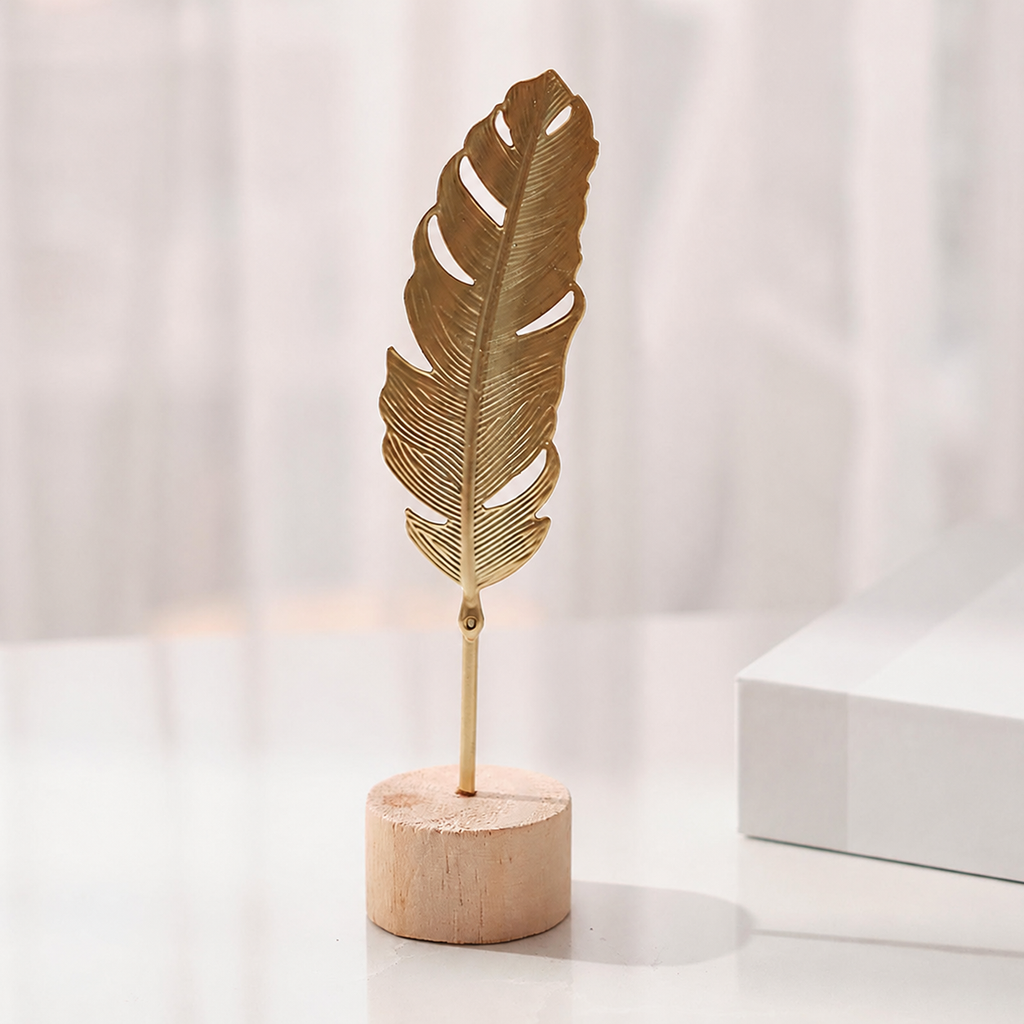 Nordic Luxury Metal Leaf & Feather Decorative Ornament with Solid Wood Base
