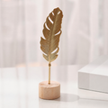 Nordic Luxury Metal Leaf & Feather Decorative Ornament with Solid Wood Base