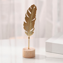 Nordic Luxury Metal Leaf & Feather Decorative Ornament with Solid Wood Base