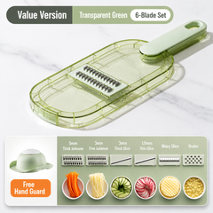 Multifunctional Vegetable Slicer & Julienne Cutter with Hand Guard, Drain Basket, and Interchangeable Blades