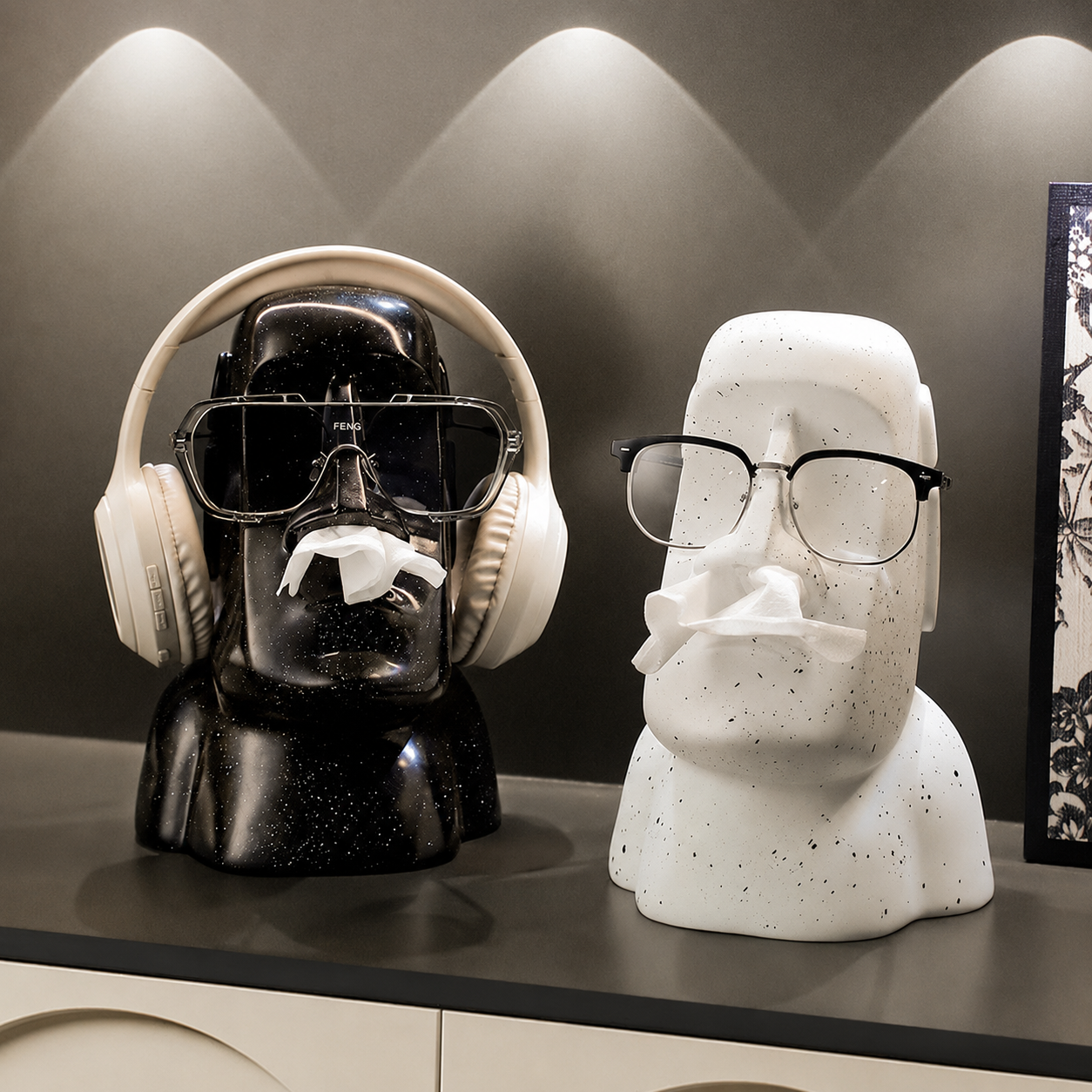 Moai Statue Face Tissue Box with Mouth Pull Dispenser, Glasses Holder & Headphone Stand