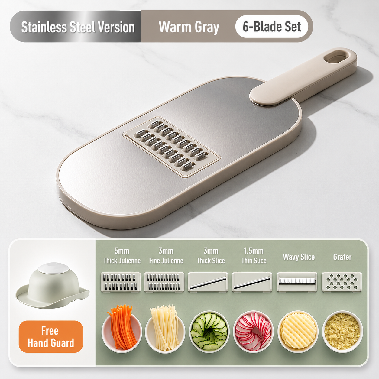 Multifunctional Vegetable Slicer & Julienne Cutter with Hand Guard, Drain Basket, and Interchangeable Blades