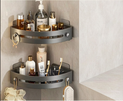 No-Drill Corner Shower Shelf Organizer with Adhesive Mount, Drainage Design & Hanging Hooks