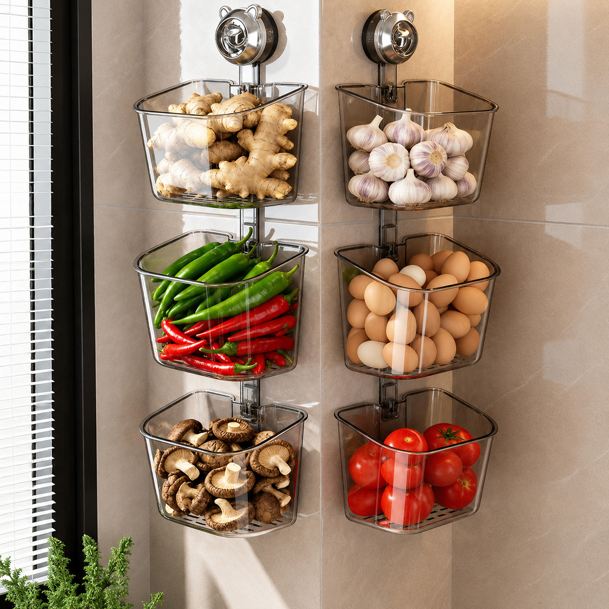 No-Drill Wall-Mounted Kitchen Storage Basket with Suction Cup, Transparent Drain Design & Stackable Multi-Layer Organizer