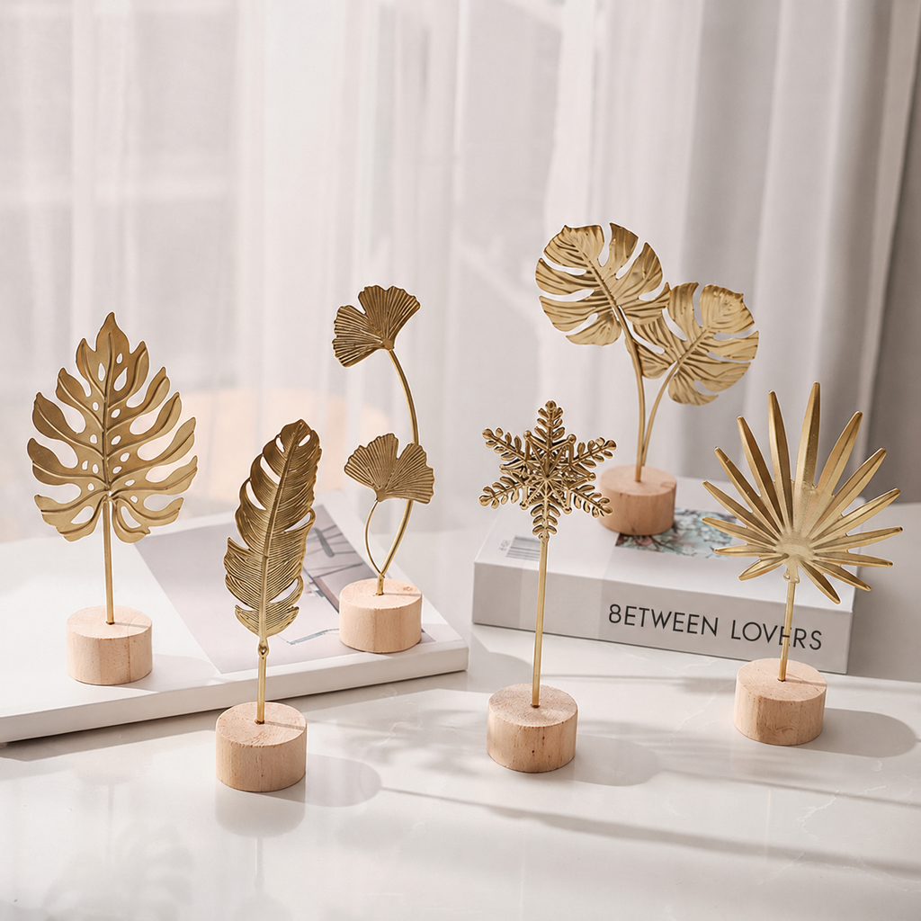 Nordic Luxury Metal Leaf & Feather Decorative Ornament with Solid Wood Base