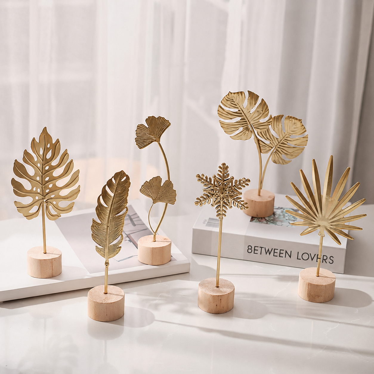Nordic Luxury Metal Leaf & Feather Decorative Ornament with Solid Wood Base