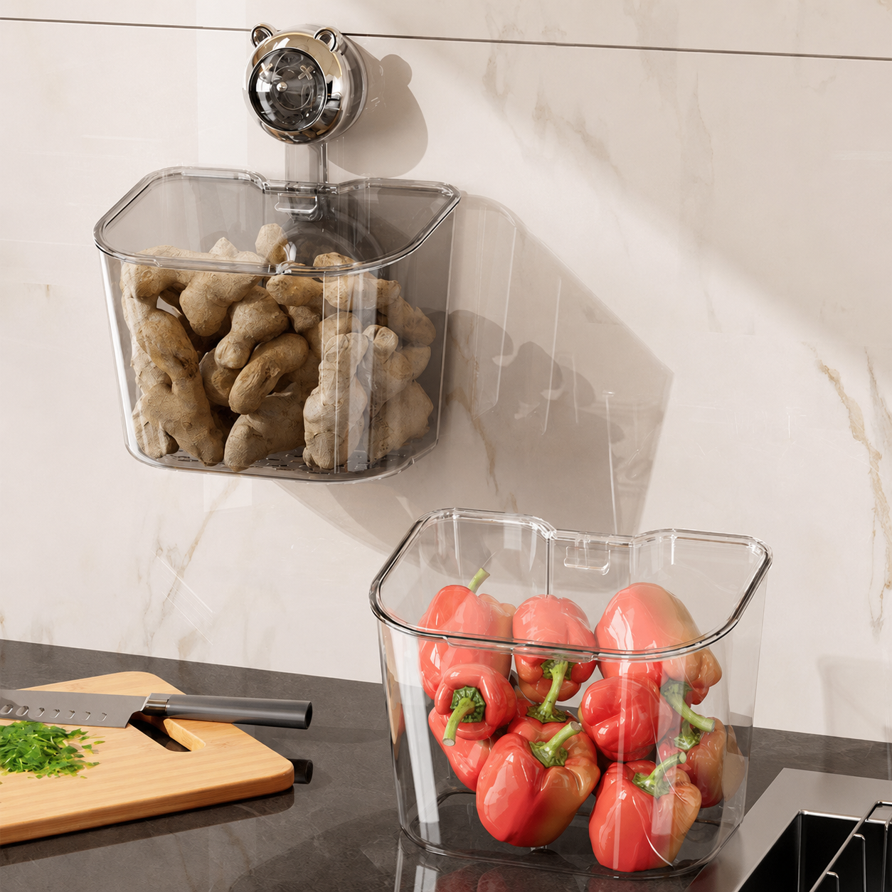 No-Drill Wall-Mounted Kitchen Storage Basket with Suction Cup, Transparent Drain Design & Stackable Multi-Layer Organizer