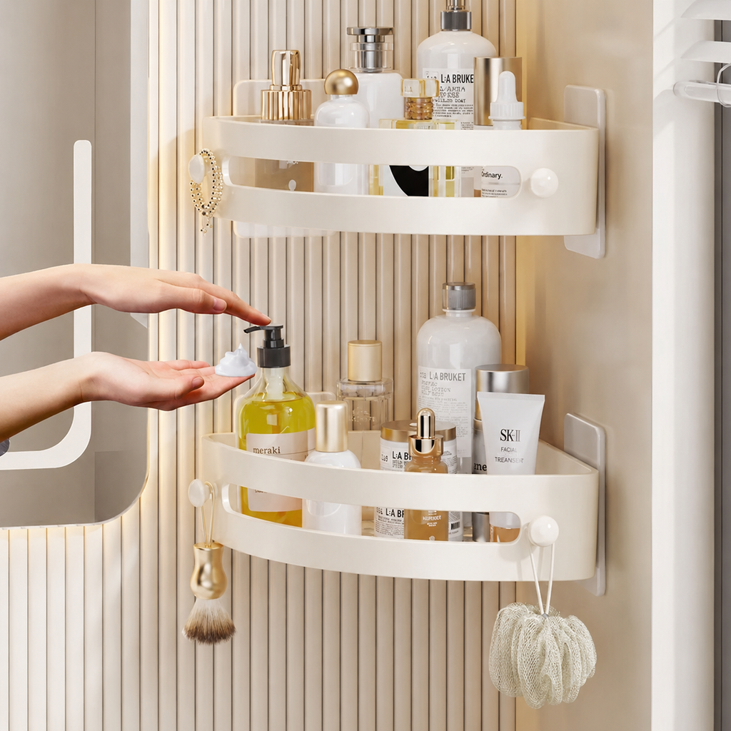 No-Drill Corner Shower Shelf Organizer with Adhesive Mount, Drainage Design & Hanging Hooks
