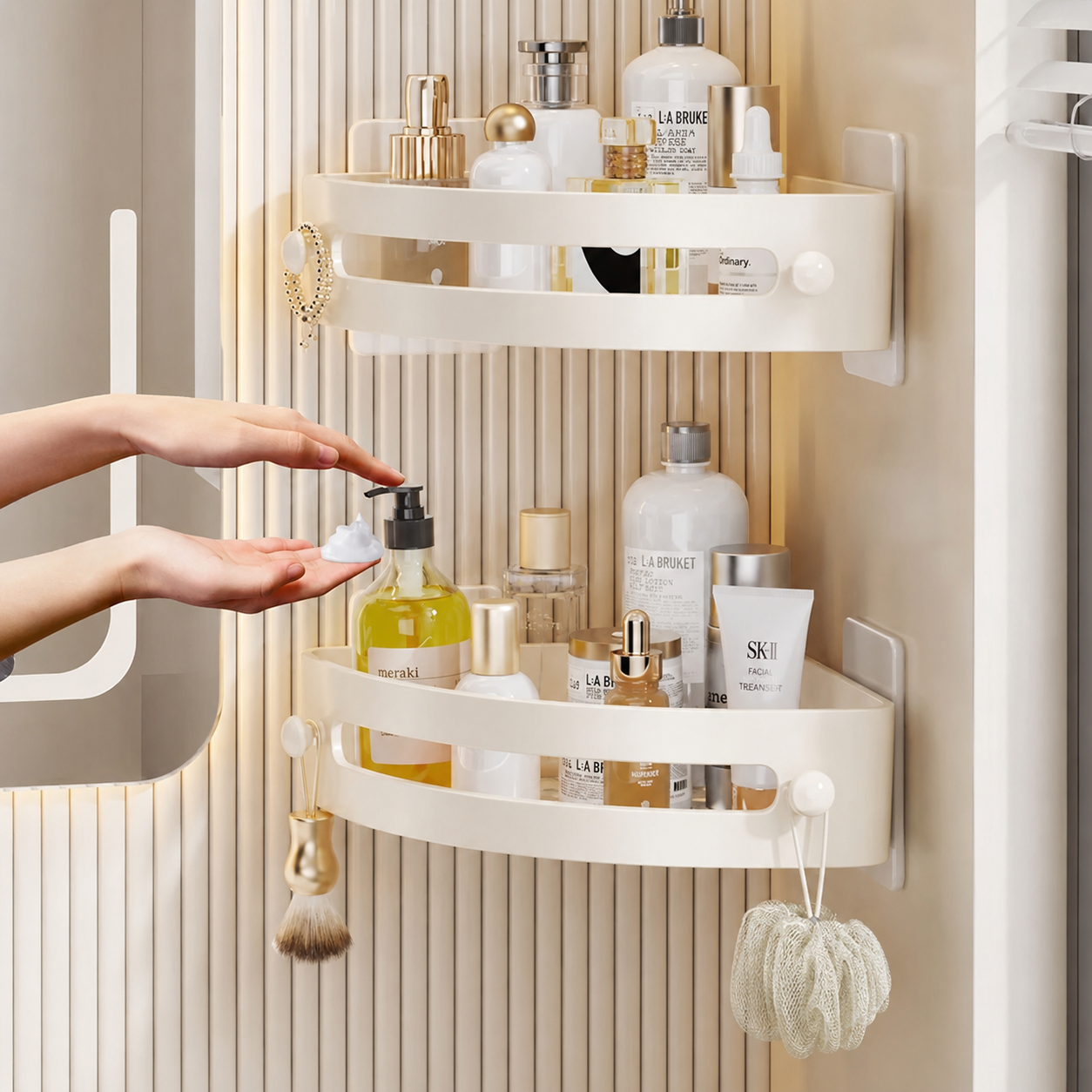 No-Drill Corner Shower Shelf Organizer with Adhesive Mount, Drainage Design & Hanging Hooks