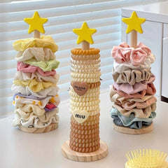 Star Hair Tie Organizer Display Stand with Wooden Base for Scrunchies, Hair Elastics, Bracelets & Accessories
