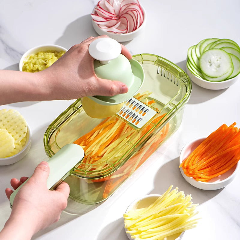 Multifunctional Vegetable Slicer & Julienne Cutter with Hand Guard, Drain Basket, and Interchangeable Blades