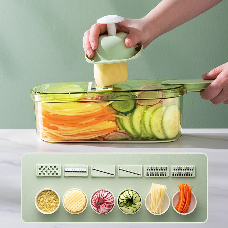 Multifunctional Vegetable Slicer & Julienne Cutter with Hand Guard, Drain Basket, and Interchangeable Blades