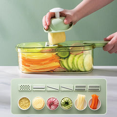 Multifunctional Vegetable Slicer & Julienne Cutter with Hand Guard, Drain Basket, and Interchangeable Blades