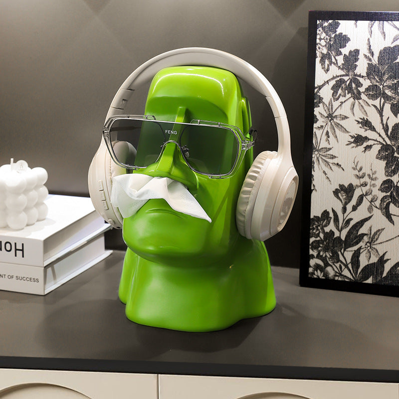 Moai Statue Face Tissue Box with Mouth Pull Dispenser, Glasses Holder & Headphone Stand
