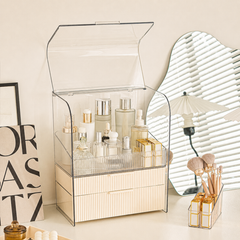 Luxury Ripple-Texture Transparent PET Makeup Organizer with 4-Compartment Desktop Storage