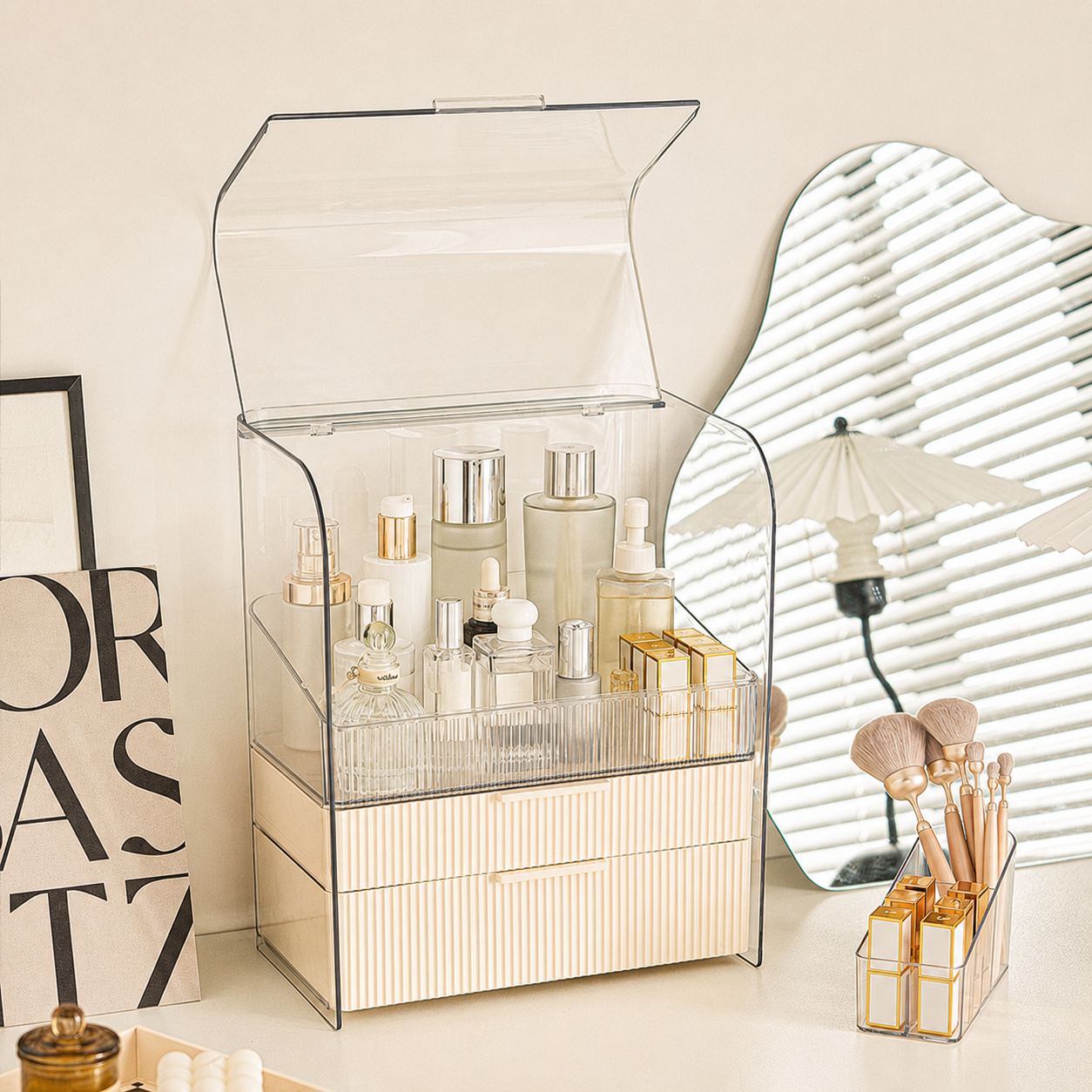Luxury Ripple-Texture Transparent PET Makeup Organizer with 4-Compartment Desktop Storage