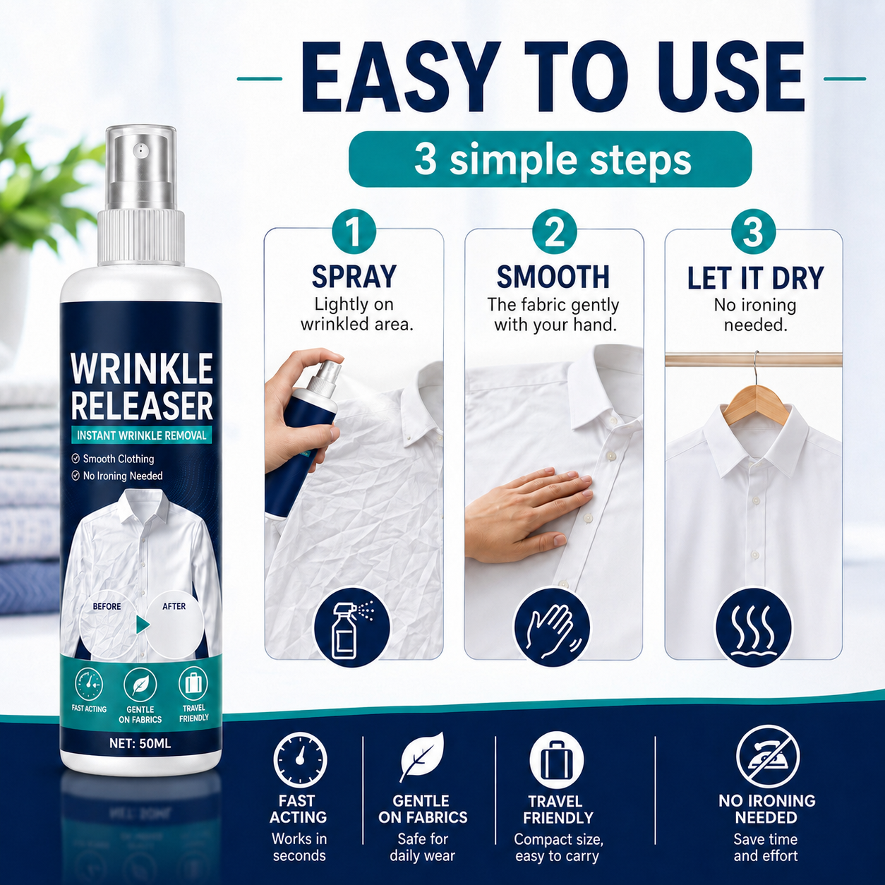 No Iron. No Board. Wrinkle-Free Clothes in Minutes.