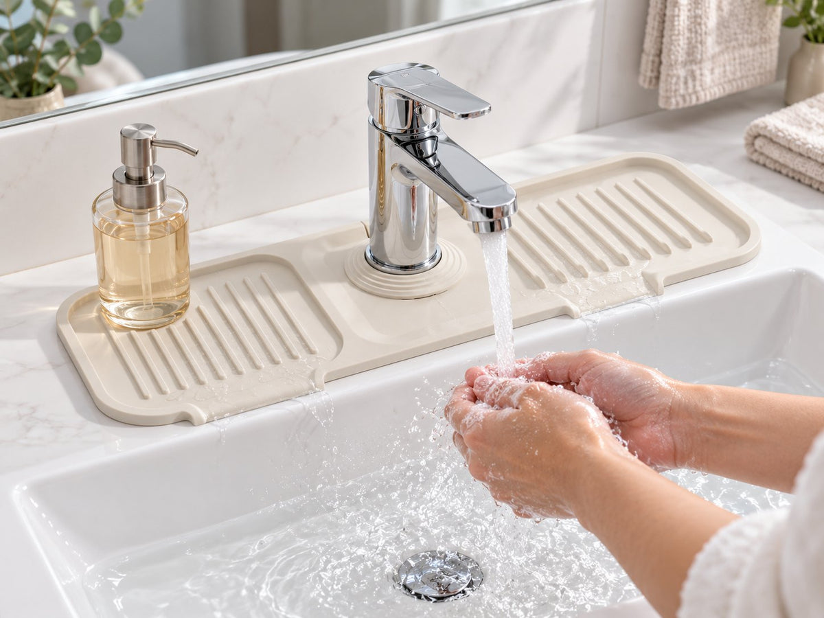 Faucet mat around a compatible bathroom faucet during handwashing