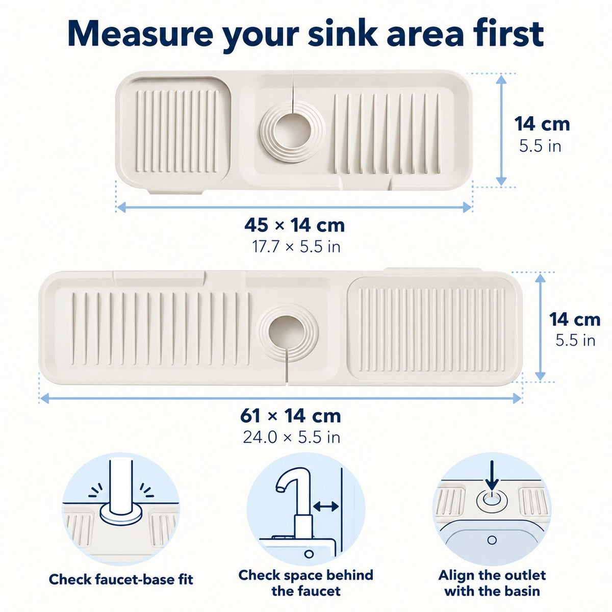Size comparison of 45 by 14 centimeter and 61 by 14 centimeter faucet mats with fit checks