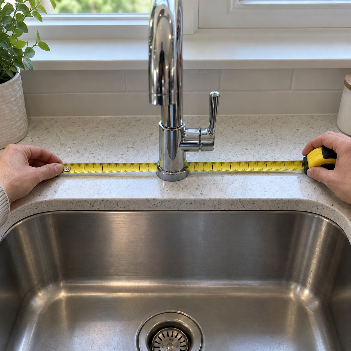 Hands measuring the available counter space around a faucet before choosing a mat