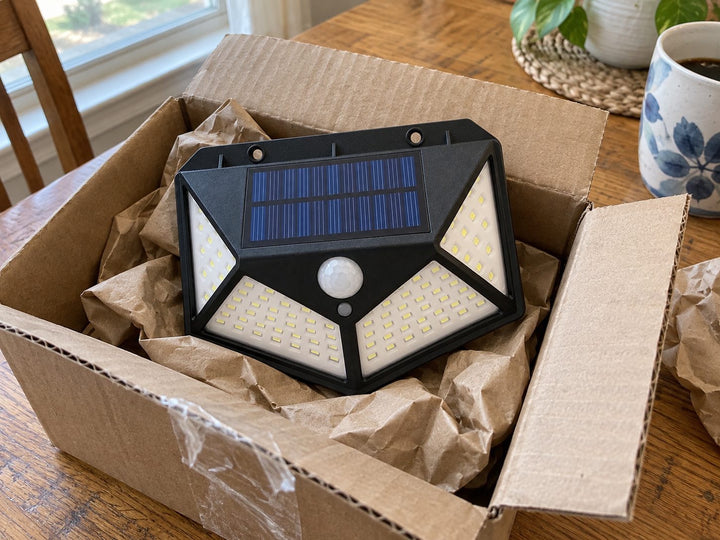 Solar light unpacked in a cardboard box on a wooden table