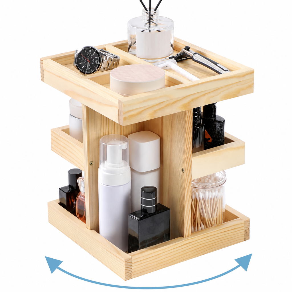 Wooden 3-Tier Rotating Skincare & Makeup Organizer for Perfume, Essential Oils, Jewelry, Bathroom Counter, Vanity & Desk Storage