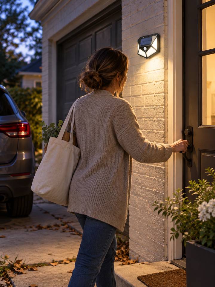 A solar light mounted outside beside a garage entrance