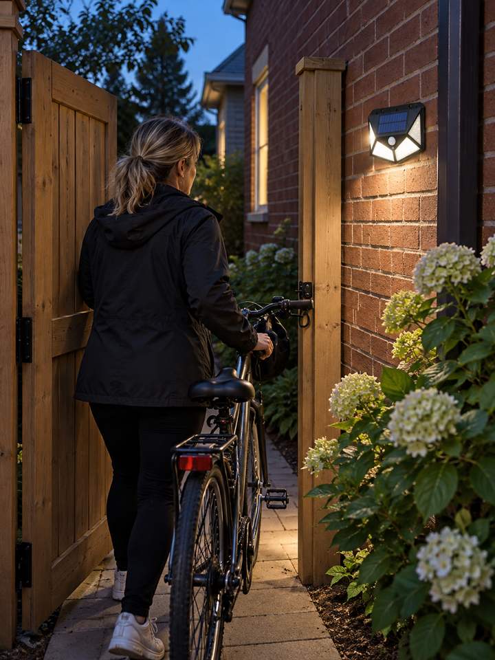 A solar light beside a side gate entrance