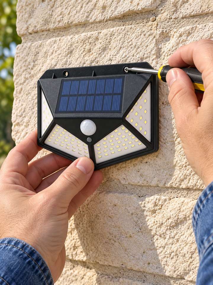 A person positioning the integrated solar wall light on an outdoor wall
