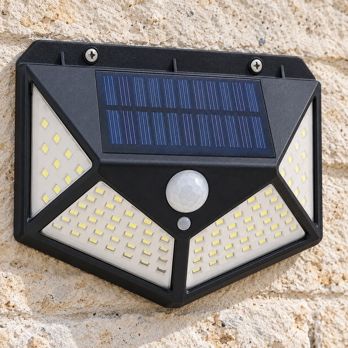 Close detail of the solar light panel, sensor and LED faces
