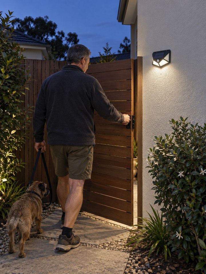 An adult and dog returning through a gate beside a compact solar wall light